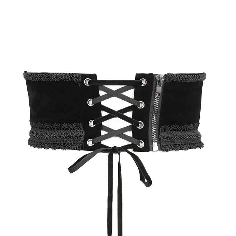 Women's Black Vintage Lace Trim Front Split Girdle / Gothic Ladies Belt with Back Zipper and Beading