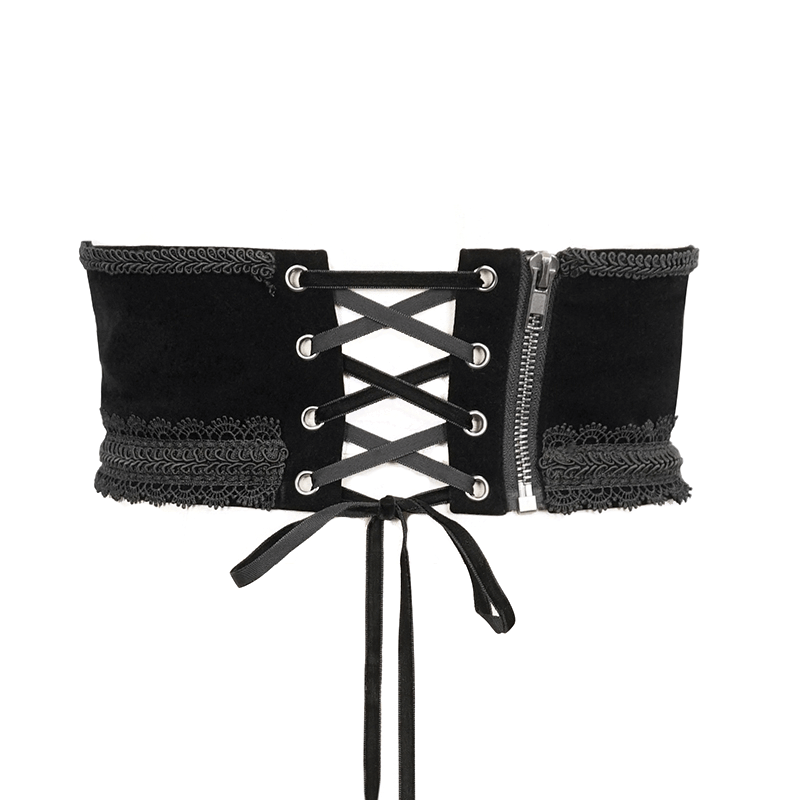 Women's black vintage lace trim girdle with back zipper and gothic design for stylish outfits.
