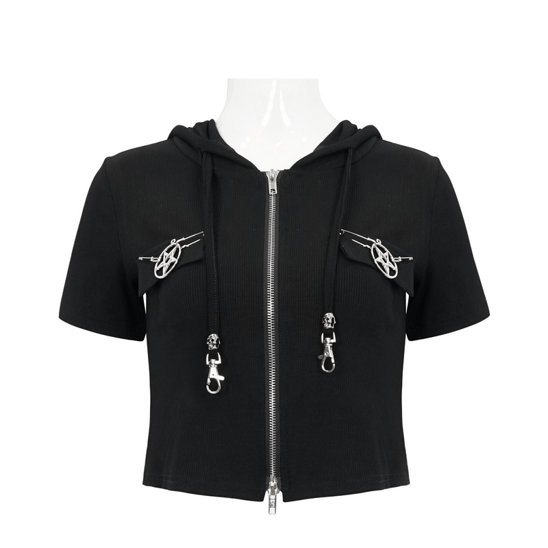 Women's black hooded top with zipper and pentagram accents, perfect for alternative gothic fashion.