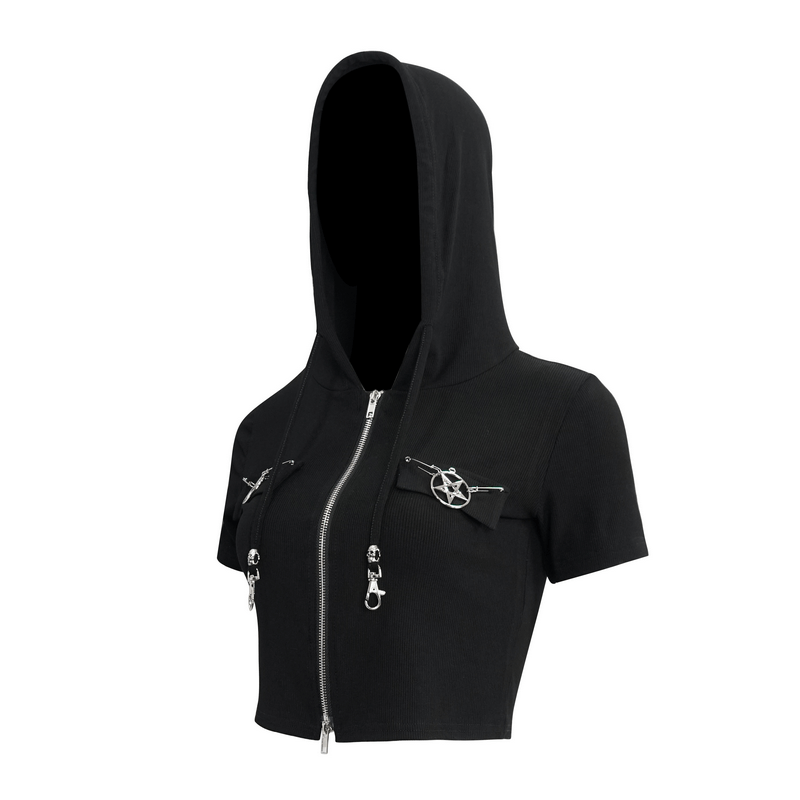Stylish women's black hooded top featuring zipper and pentagram details, perfect for alternative gothic fashion.