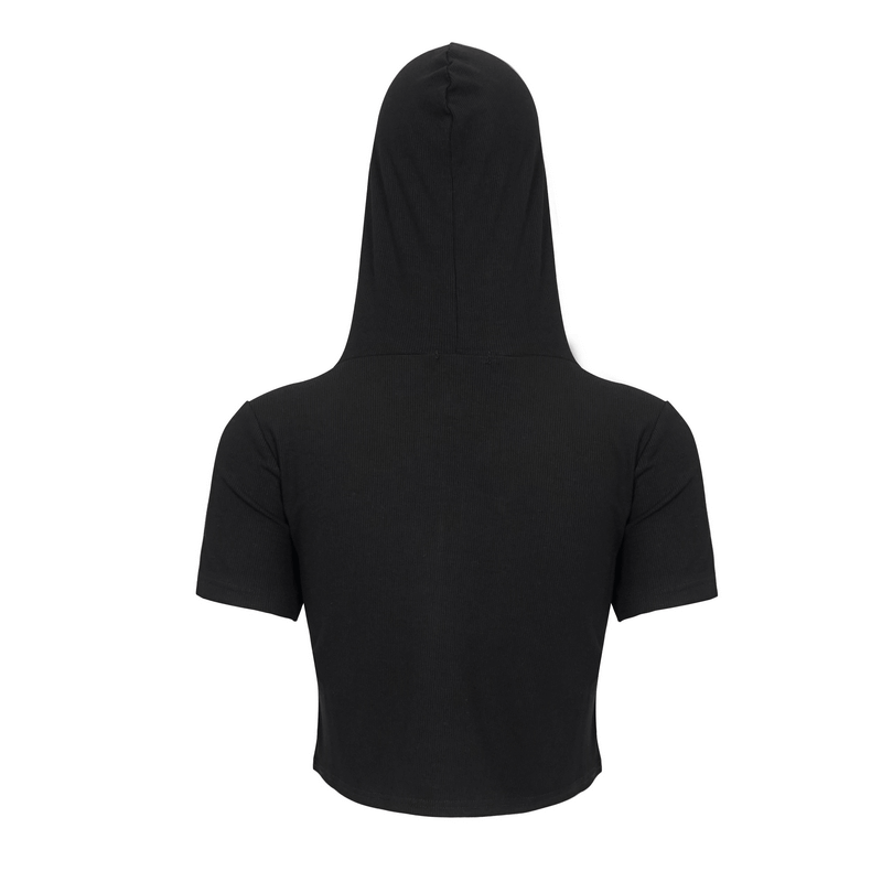 Back view of women's black zippered hooded top, perfect for alternative gothic fashion with a stylish design.