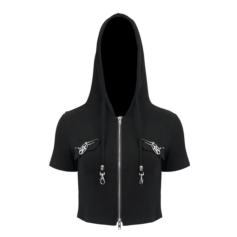 Stylish women's black zipper hooded top with pentagram details, perfect for an alternative gothic look.