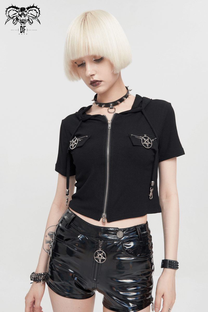 Chic women's black zipper hooded top with pentagrams, perfect for alternative gothic style outfits.