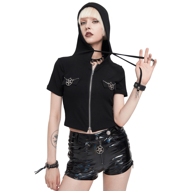 Stylish model in a black zipper hooded top with pentagrams, showcasing alternative gothic fashion.