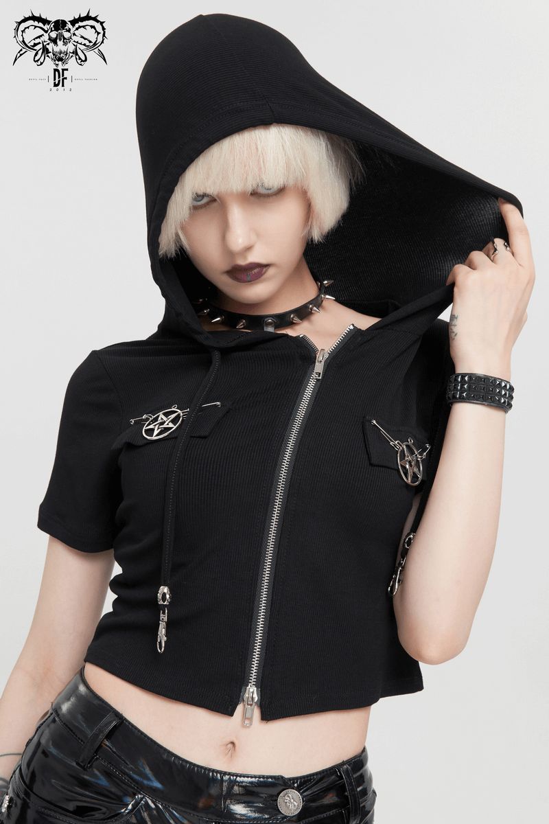 Women's black zipper hooded top with pentagrams, showcasing alternative gothic style and edgy fashion.