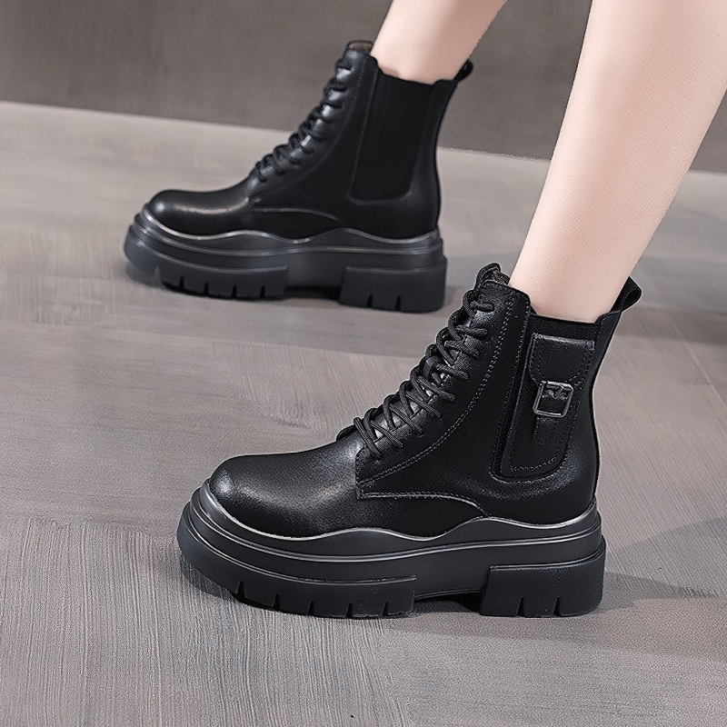 Women's Breathable Platform Genuine Leather Ankle Boots / Comfortable Lace Up Motorcycle Boots