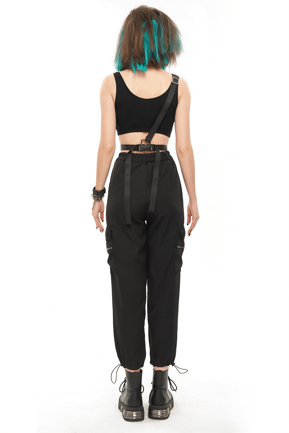 Back view of women's punk asymmetrical pants featuring buckle details and a drawstring design, showcasing skull rivets.