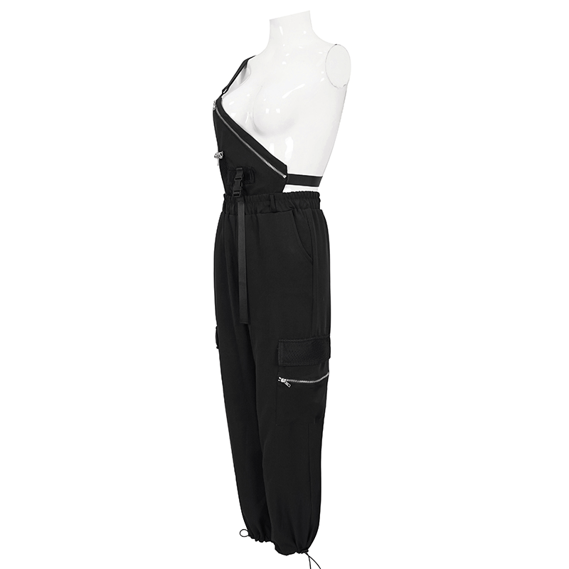 Women's punk asymmetrical suspender pants featuring skull rivets, stylishly displayed on a mannequin.