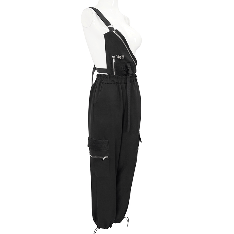 Women's punk asymmetrical suspender pants with skull rivets and zipper, perfect for edgy fashion lovers.