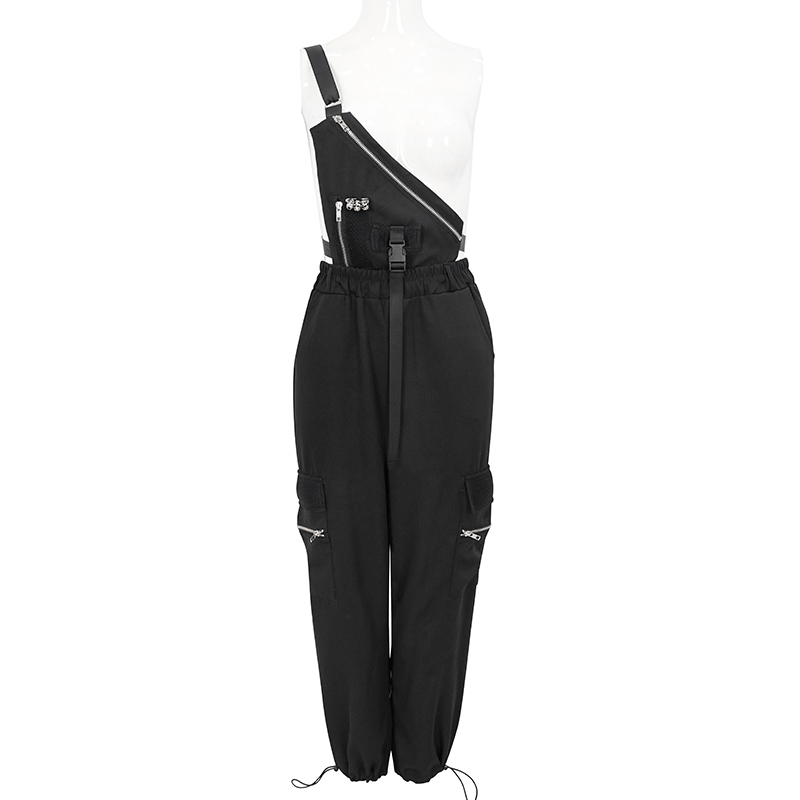 Punk style women's asymmetrical suspender pants with skull rivets and zipper detail in sleek black.