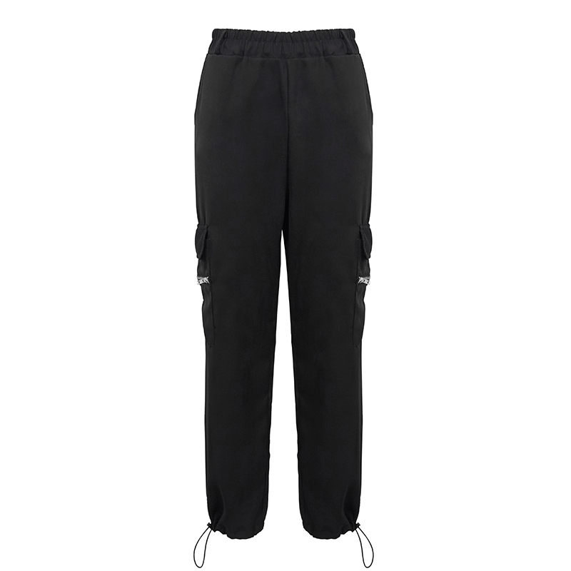 Women's black drawstring suspender pants with skull rivets, perfect for punk style lovers.