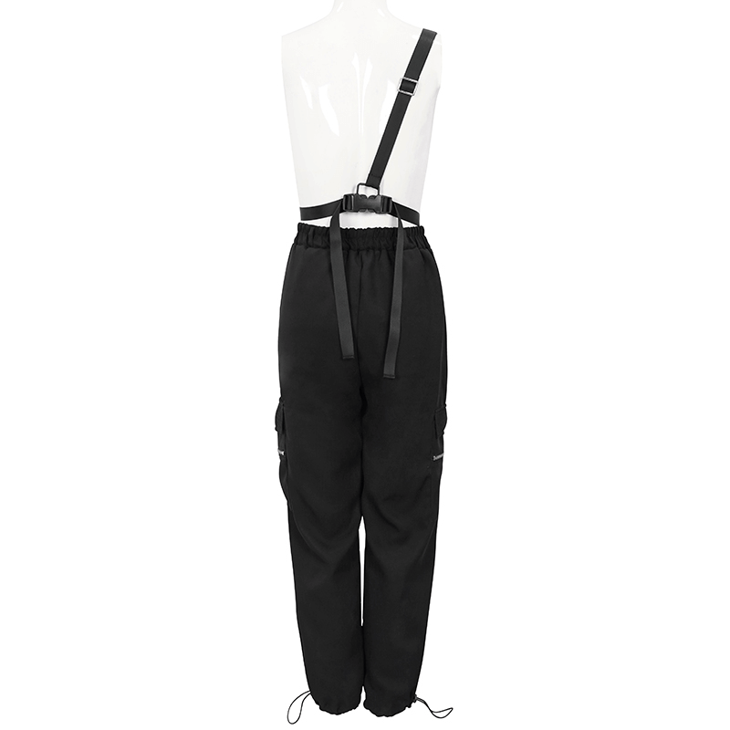 Black women's buckles drawstring suspender pants with asymmetric cut and stylish back view showcasing punk design.