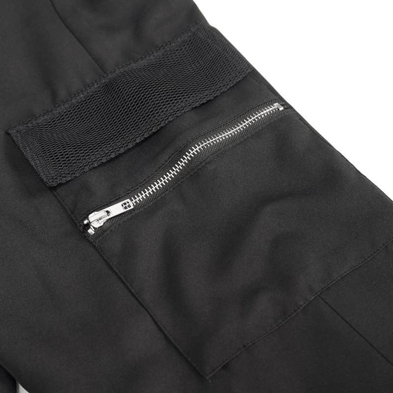 Close-up of women's punk pants featuring a stylish zipper pocket and mesh detail for a modern look.