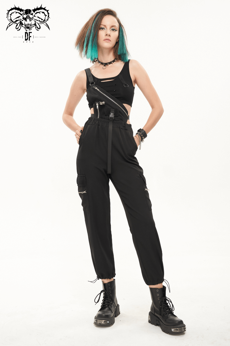 Women's Buckles Drawstring Suspender Pants / Punk Asymmetric Overalls With Zipper and Skull Rivets