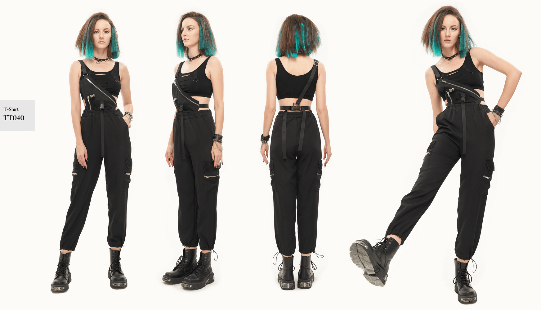Stylish women's punk asymmetric overalls with zippers and skull rivets, perfect for a unique fashion statement.