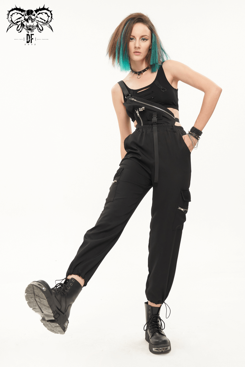 Model wearing women's punk asymmetric overalls with skull rivets and drawstring, styled for a bold urban look.