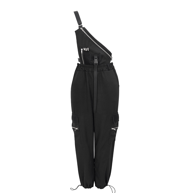 Women's Buckles Drawstring Suspender Pants / Punk Asymmetric Overalls With Zipper and Skull Rivets