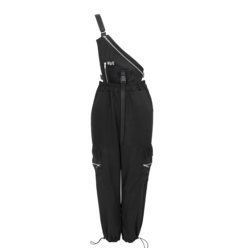 Stylish women's punk asymmetrical drawstring overalls with zipper and skull rivets in black.