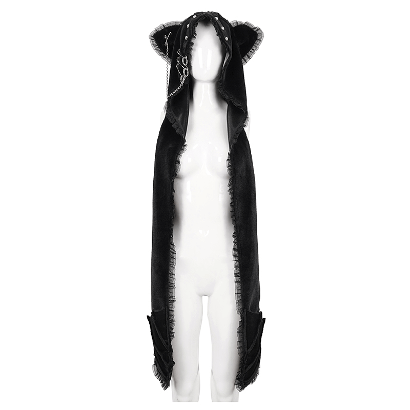 Women's Cat Ear Fluffy Scarf with Hood / Gothic Style Hat Ear Flaps with Hand Pockets