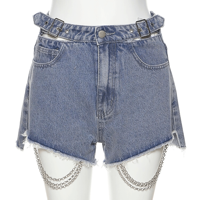 Women's Denim High-waisted Short Shorts with Chains and Buckles / Jean Alternative Apparel for Women