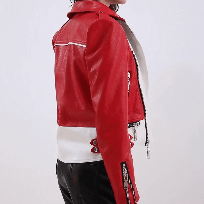 Women's Faux Leather Biker Jacket / Short Zipper Jacket in Red and White Color / Rock Style Outfits - HARD'N'HEAVY