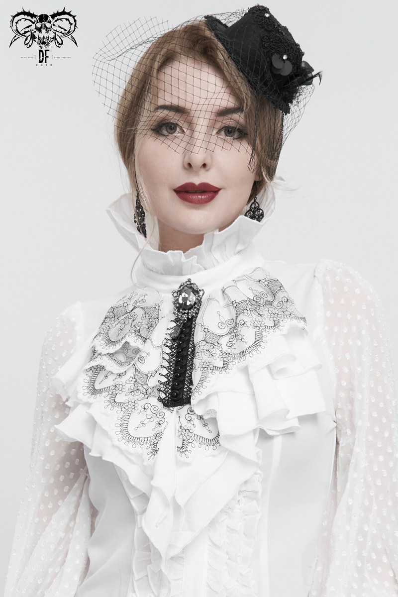 Elegant woman in ruffled floral necktie, gothic style, showcasing black and white accessories and chic makeup.