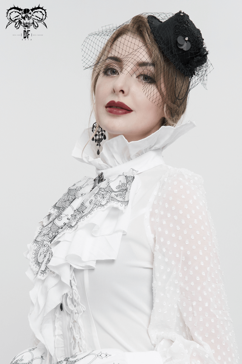 Elegant woman in gothic floral ruffled necktie, showcasing a stylish black headpiece and vintage-inspired fashion.