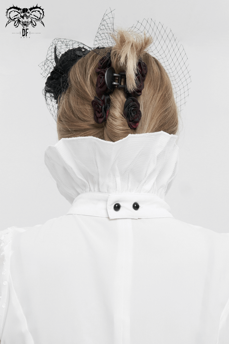 Back view of a woman in a white blouse with a high ruffled collar and gothic hair accessory, showcasing elegance and style.