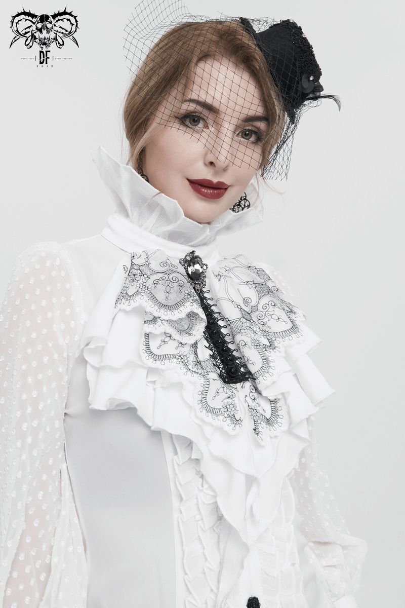 Elegant model wearing a floral embroidered ruffled necktie, showcasing gothic fashion with a vintage touch.