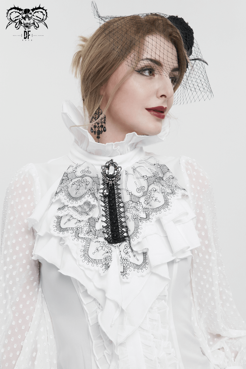 Women's Floral Embroidered Ruffled Neckwear / Gothic Black and White Jabot Necktie