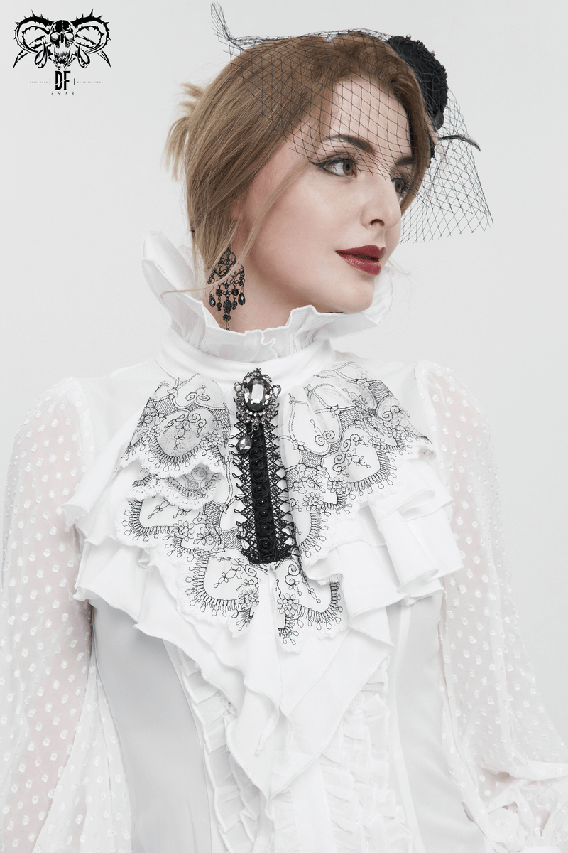 Elegant woman in gothic floral embroidered ruffled neckwear, showcasing a stylish jabot necktie and vintage accessories.