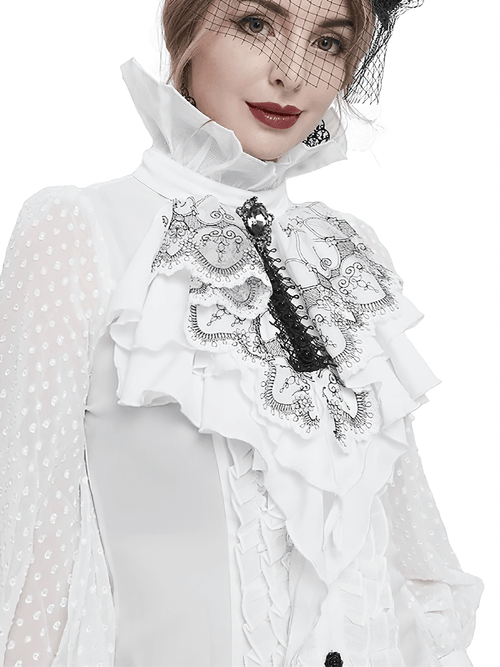 Damen-Krawatte mit Blumenstickerei und Rüschen / Gothic-Jabot-Krawatte in Schwarz und Weiß