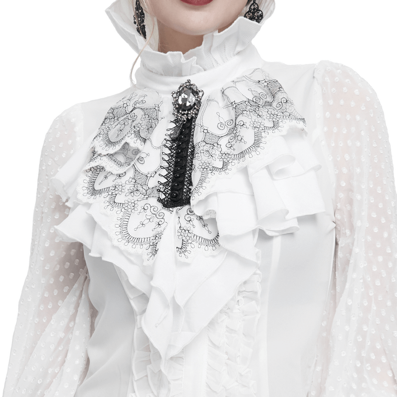 Elegant gothic white blouse with ruffled floral details and a striking black jabot necktie accessory.