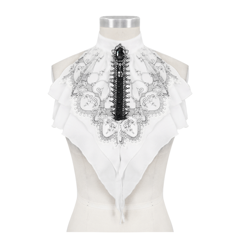 Women's gothic floral embroidered ruffled necktie, black and white, elegant neckwear accessory.