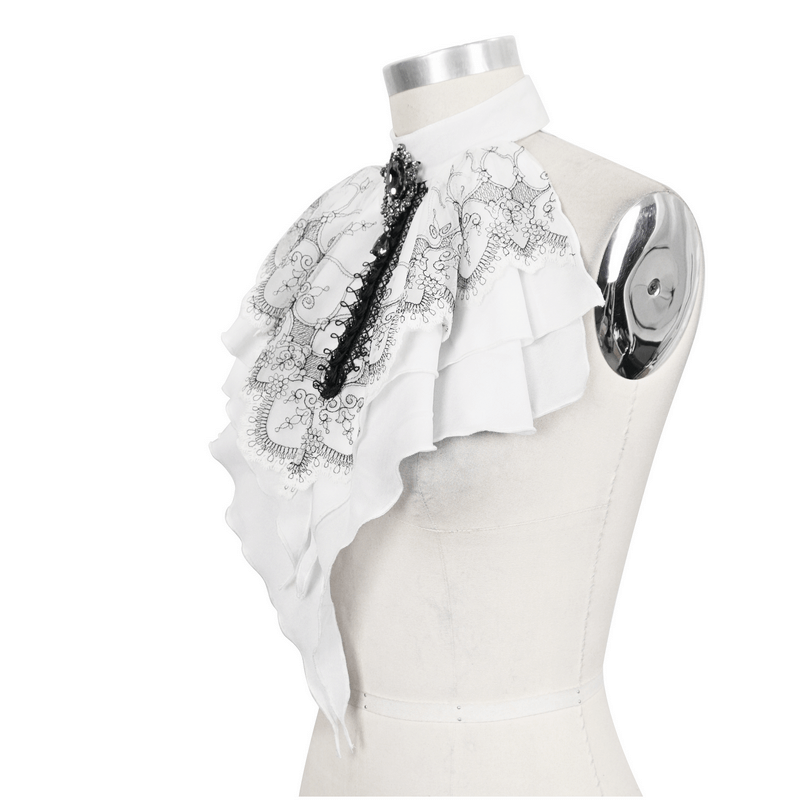 Women's gothic floral embroidered ruffled necktie in black and white, perfect for elegant outfits.