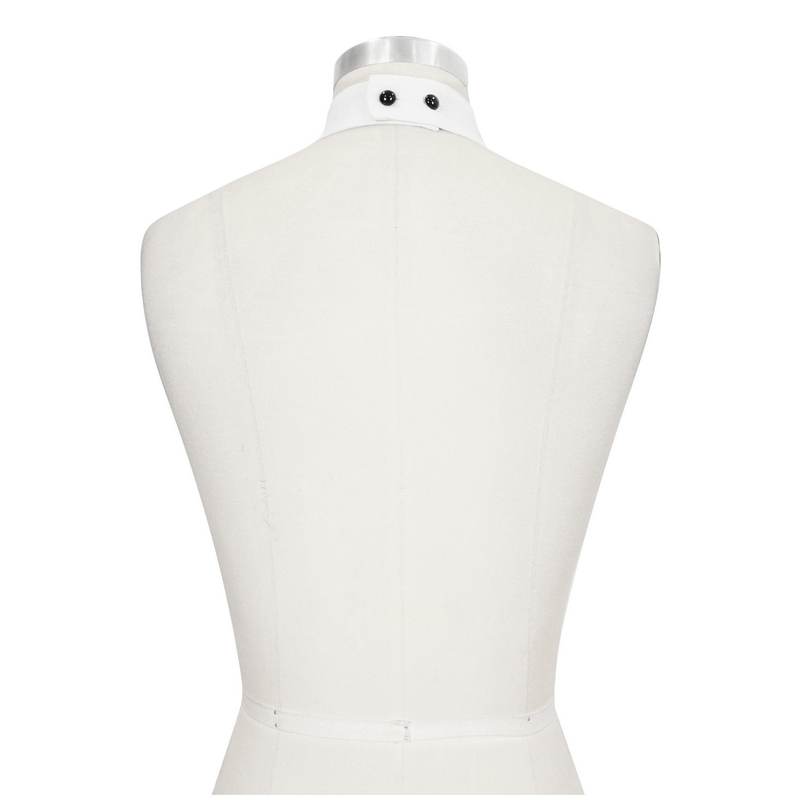 Back view of a dress form displaying a white collar with black buttons, perfect for showcasing gothic necktie designs.