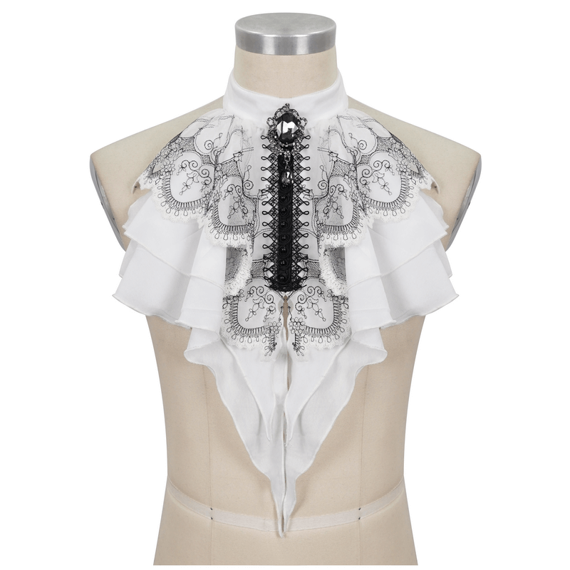 Women's gothic floral embroidered ruffled necktie in black and white, elegant neckwear for a stylish look.