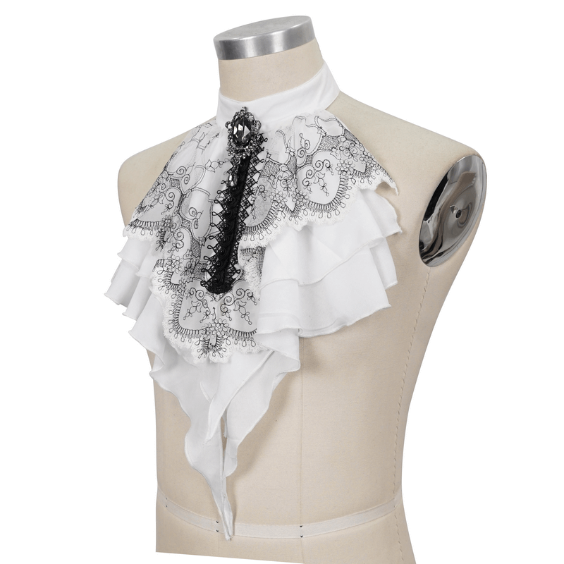 Gothic women's floral embroidered ruffled necktie in black and white, stylish neckwear on a dress form.