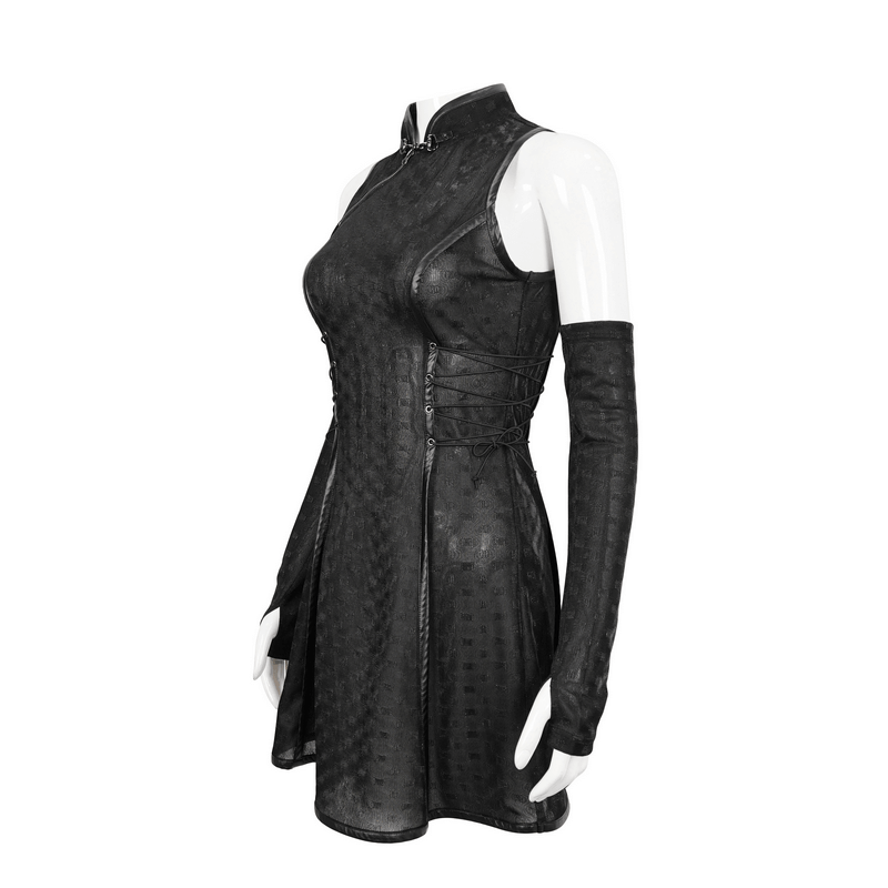 Women's Gothic dress with detachable long gloves, featuring a modern cut and lace-up detail on the waist, perfect for stylish outfits.