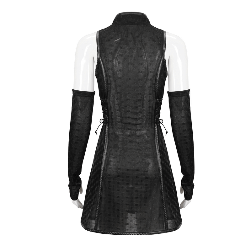 Back view of a women's gothic dress with detachable long gloves in sleek black fabric.
