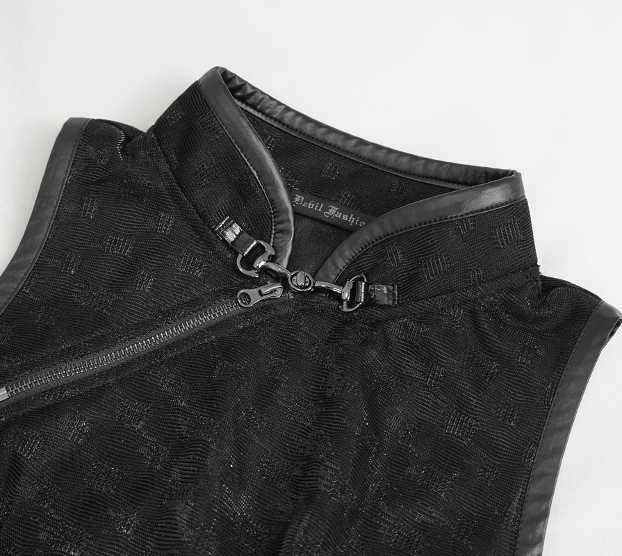 Close-up of a stylish black gothic dress collar with a zipper, showcasing elegant design and modern fabric texture.