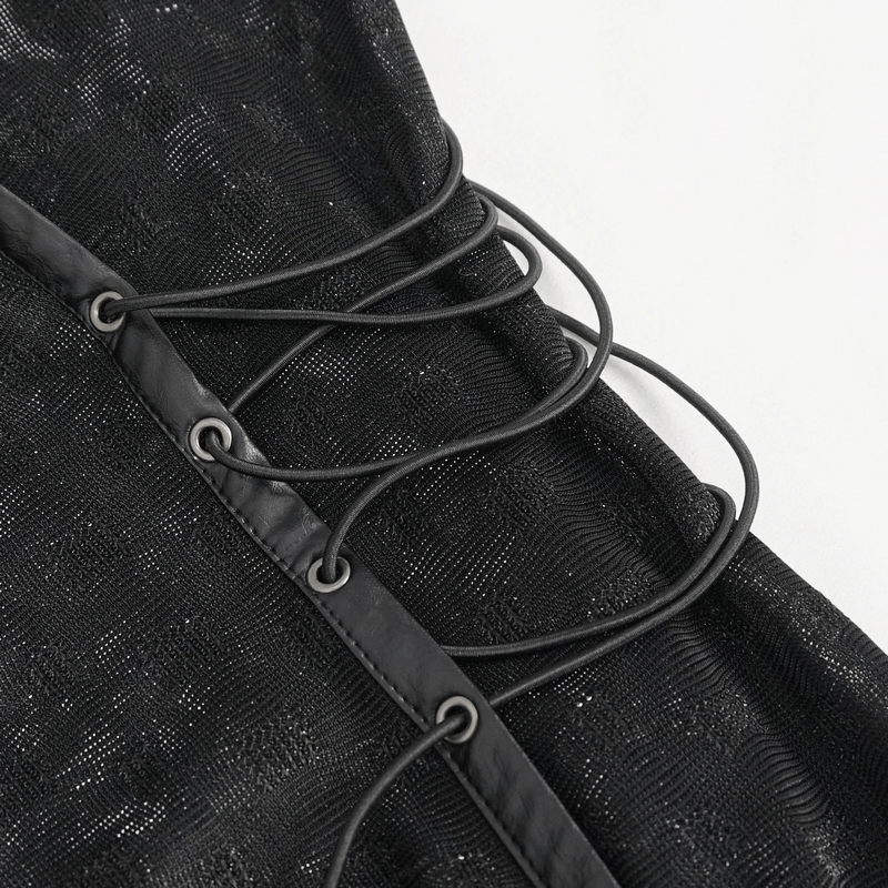 Close-up of gothic short dress featuring lace-up detail on waist for a stylish look.