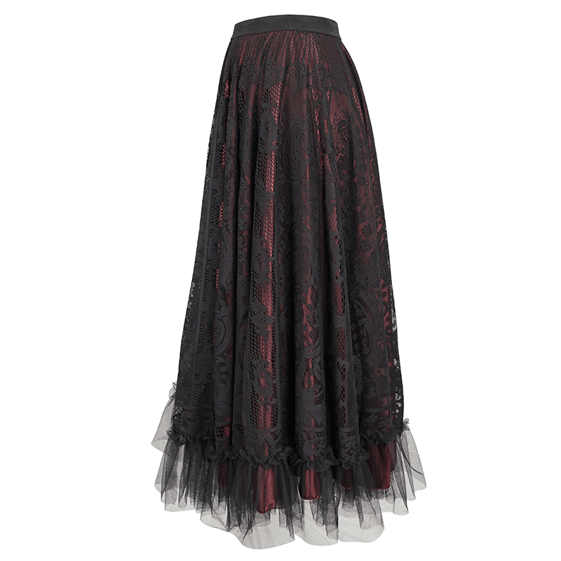 Women's Gothic Lace Layered Draped Long Skirt / Vintage Wine Red Skirt With Elastic Waistband