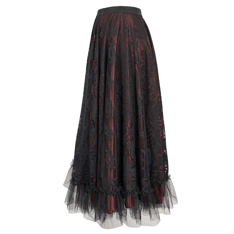 Elegant gothic layered long skirt in black with lace detailing and tulle trim, perfect for vintage-inspired outfits.