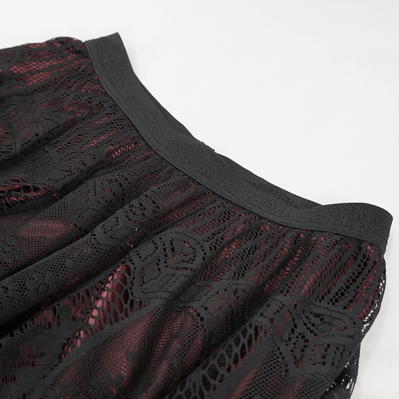 Close-up of a layered gothic lace skirt with a sturdy elastic waistband.
