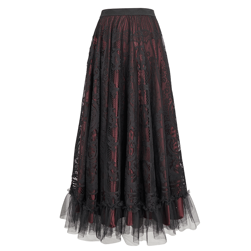 Women's vintage gothic layered long skirt in wine red with elegant black lace detailing.