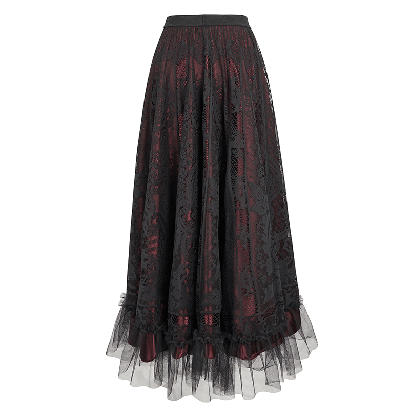 Women's Gothic layered long skirt in wine red with black lace overlay and tulle frill, perfect for vintage-style wardrobes.