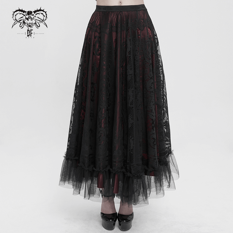 Women's gothic lace layered draped long skirt in black with red accents, featuring an elastic waistband and elegant tulle layers.
