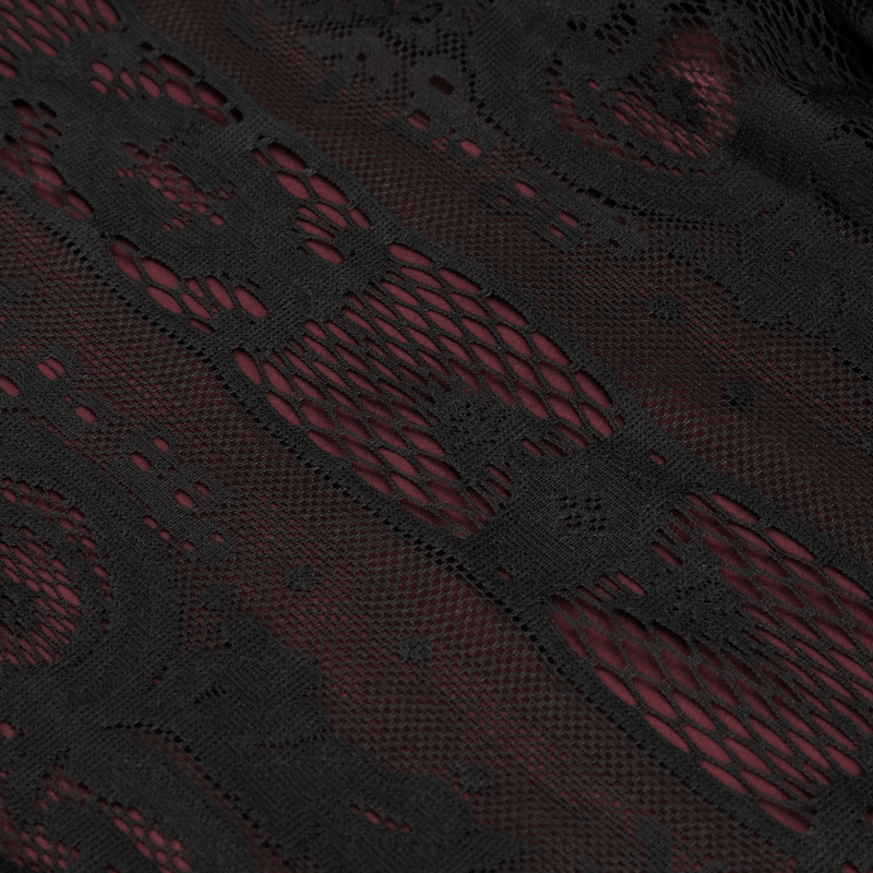 Close-up of intricate black lace fabric with detailed patterns, perfect for gothic-inspired outfits.