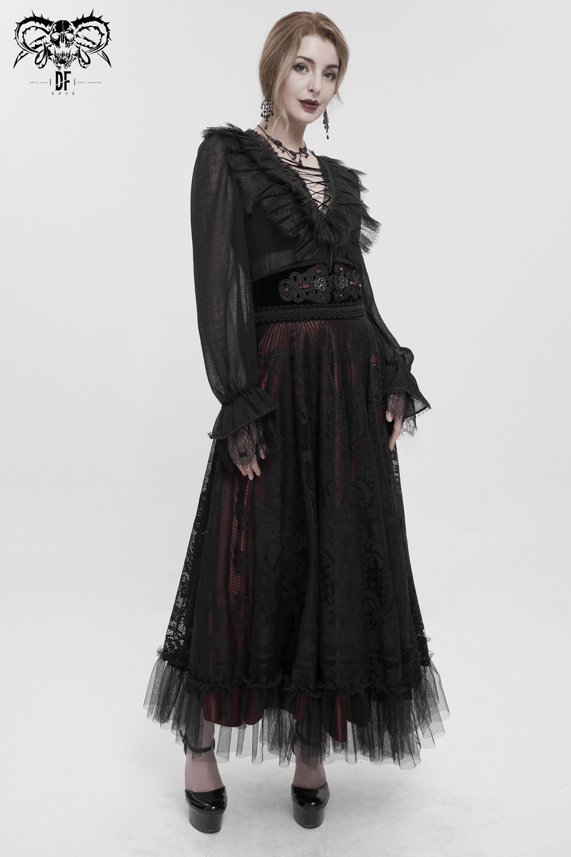 Model showcasing a gothic-style layered long skirt with lace details and a wine red underlayer, exuding vintage elegance.